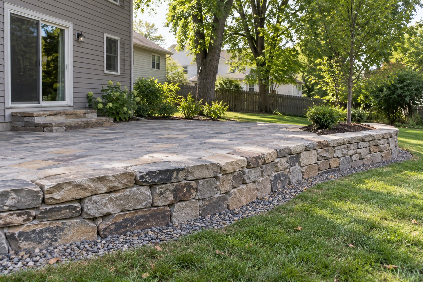 A completed flagstone walkway through layered planting beside a craftsman home.