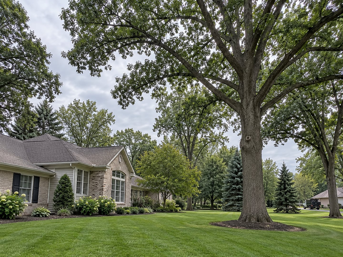 A maintained residential yard beneath a selectively pruned mature oak canopy.