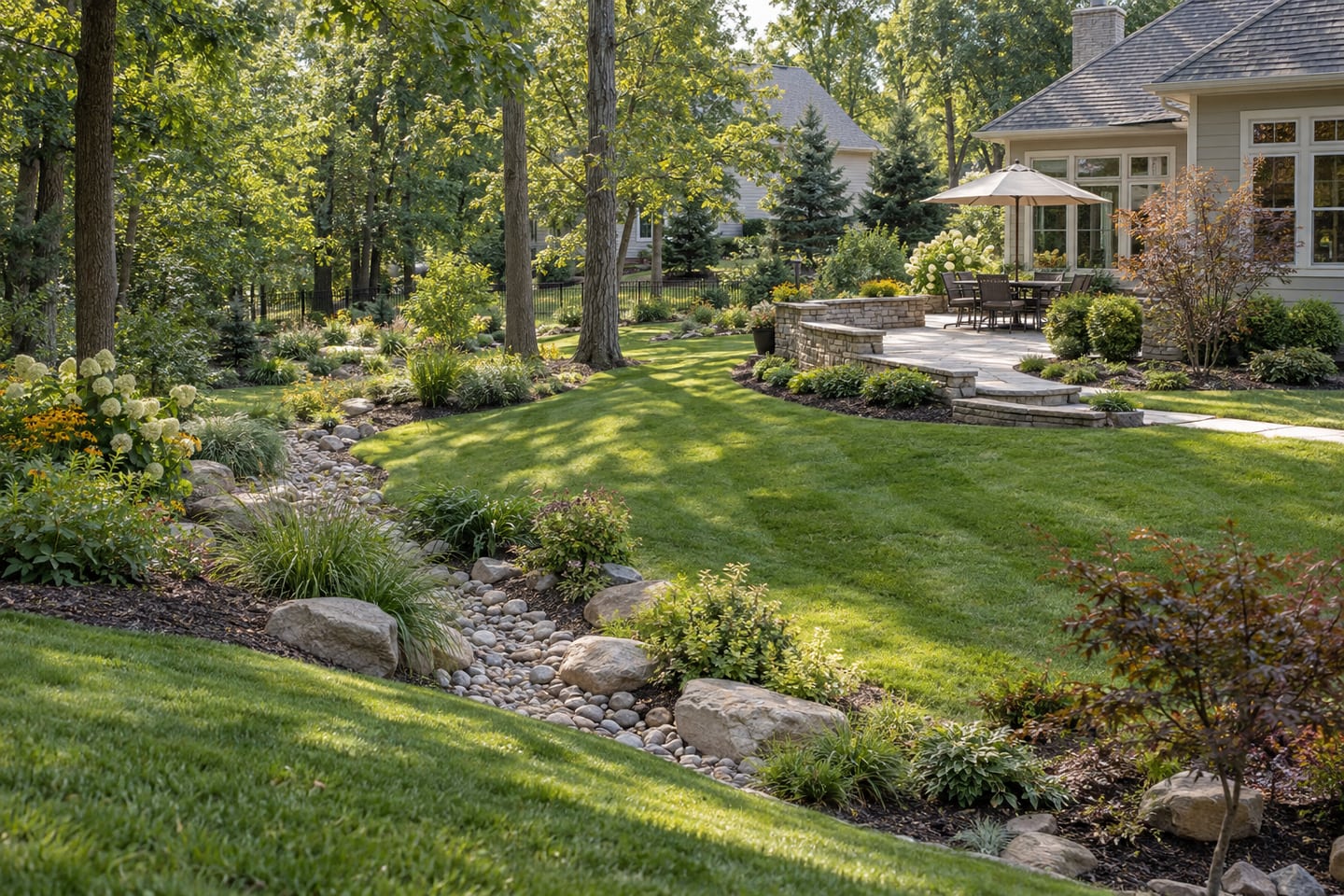 A finished residential property with shaped lawn, stone borders and a natural drainage channel.