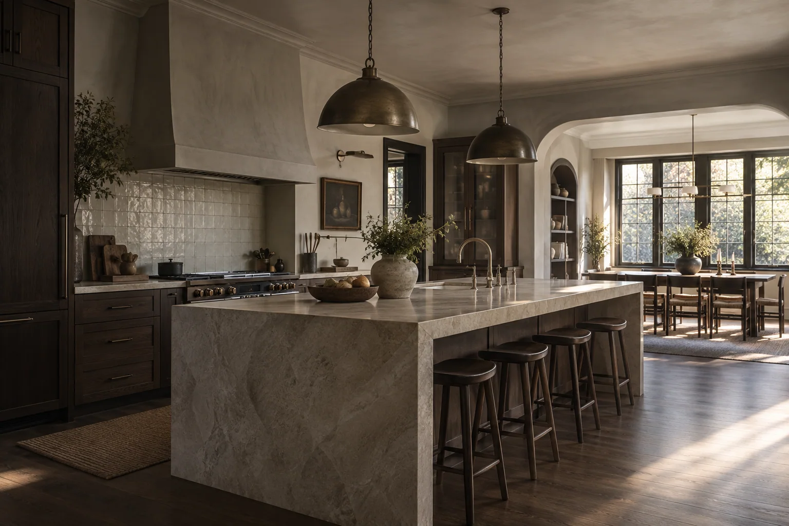 Warm, remodeled kitchen with walnut cabinetry and a pale stone island.
