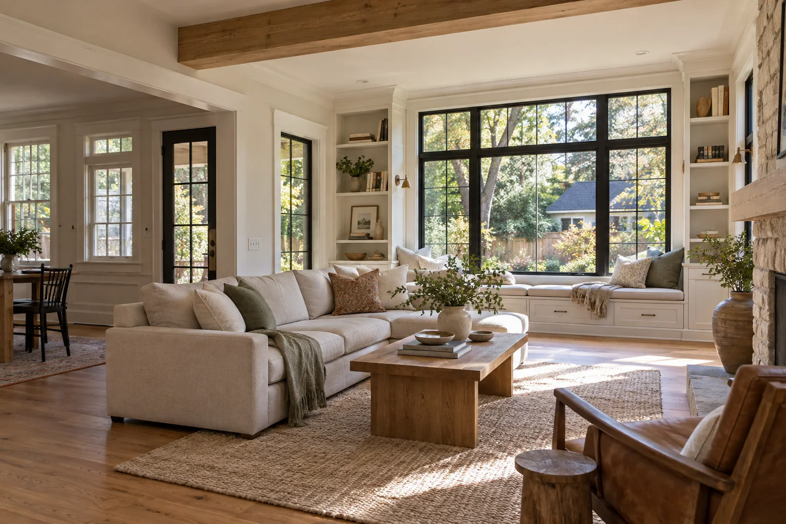 Bright home addition with timber beams and a large picture window.