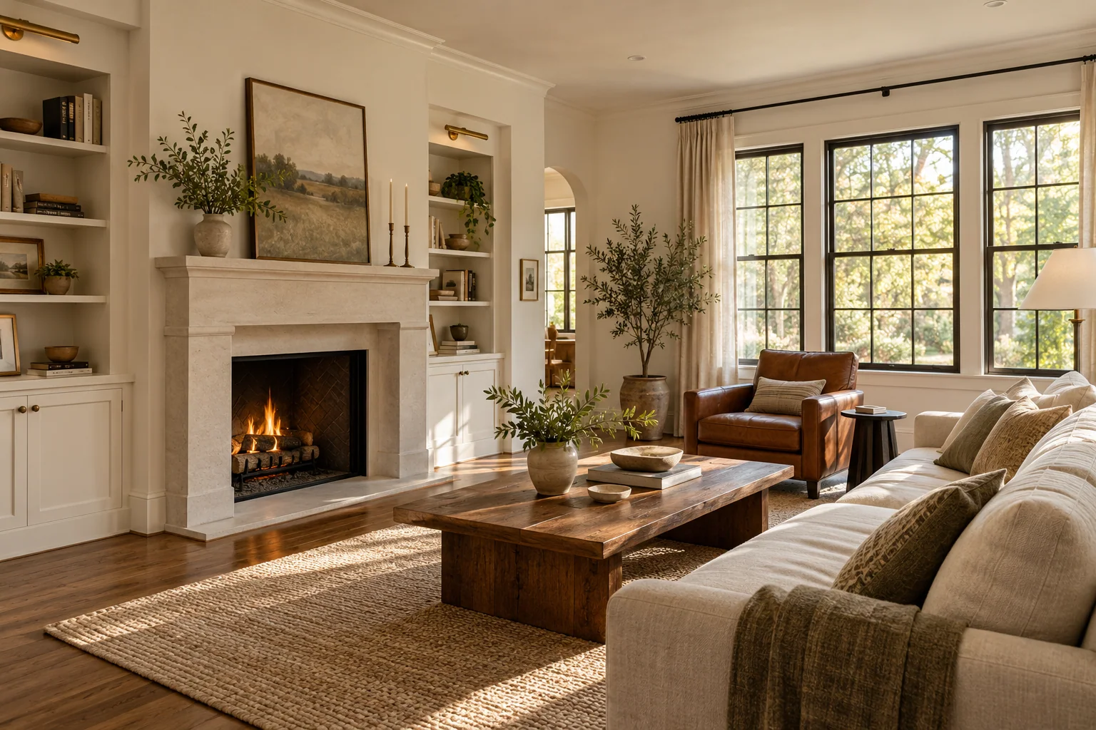 Updated living room with a limestone fireplace, built-ins and large windows.